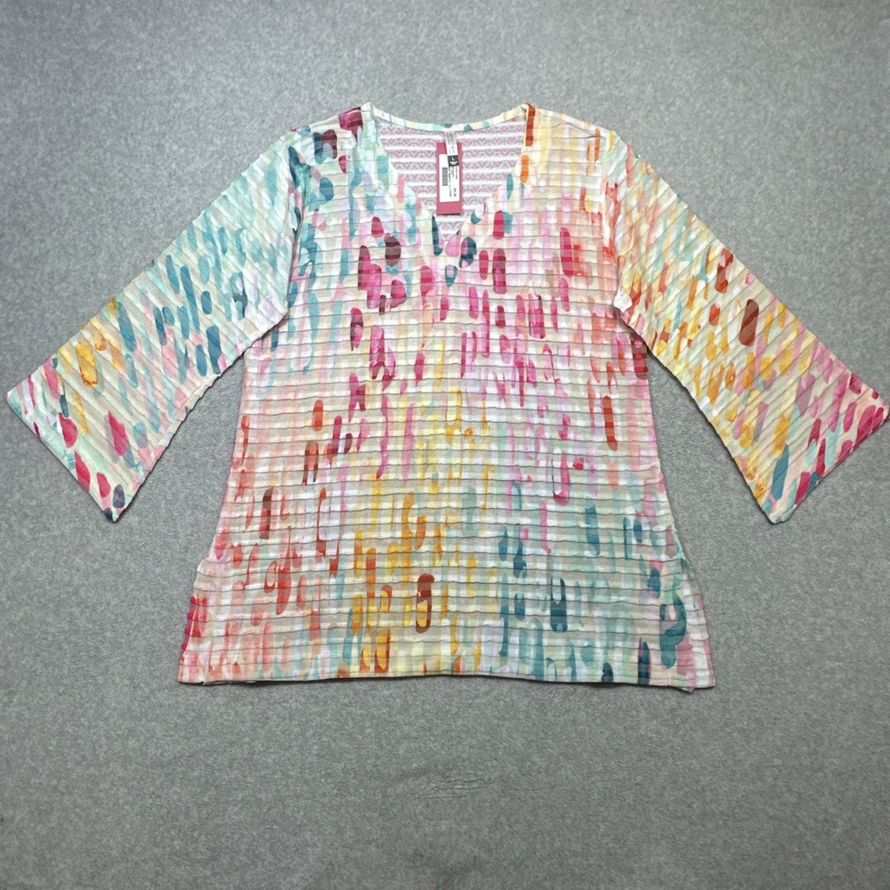 Whimsy Rose Top Women Large Pink Blue Rain Colorful Boho Abstract Art to Wear